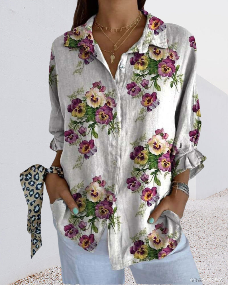 Casual floral print three quarter sleeve shirt