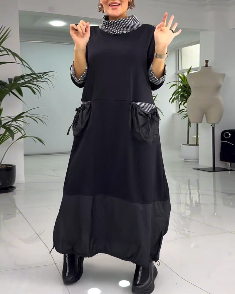 Casual plaid patchwork high collar pocket dress