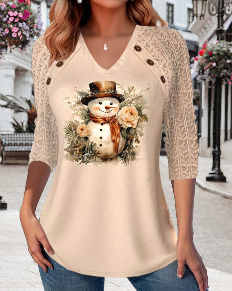 Casual V-neck snowman print top