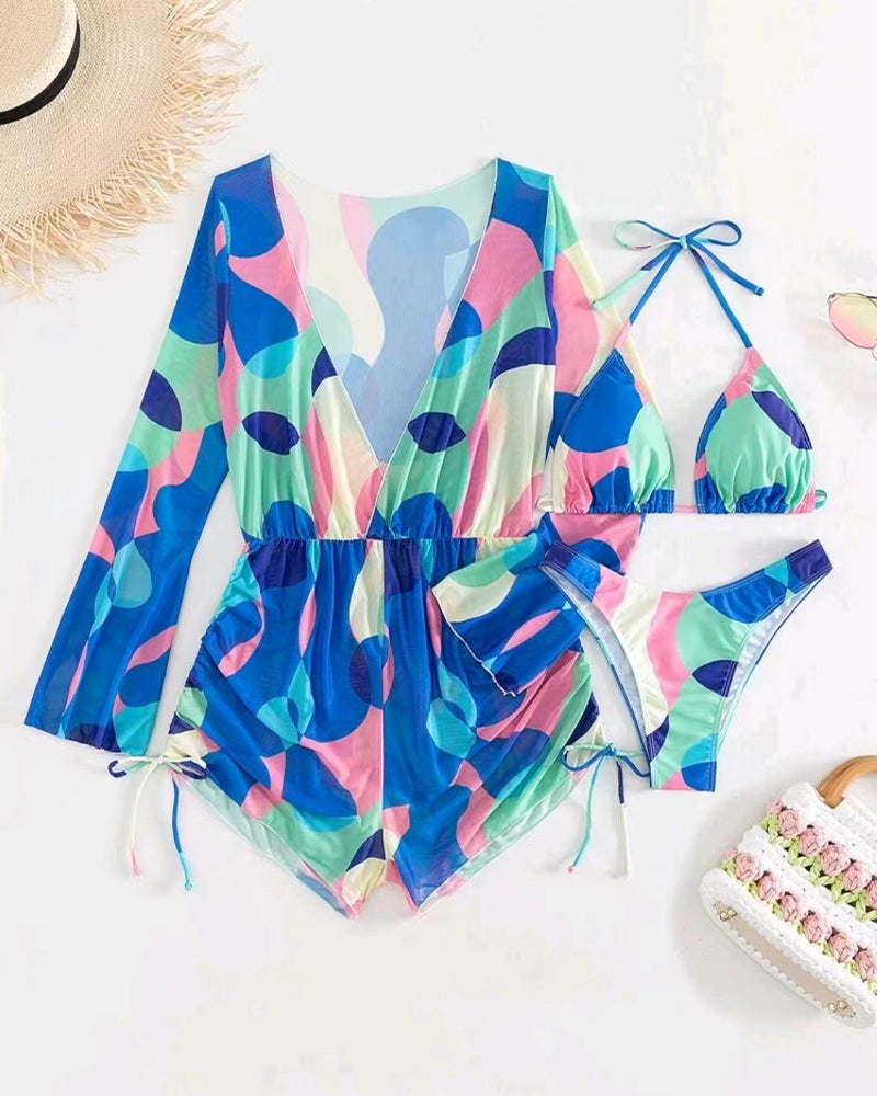 Cover Up Printed Bikini Three-Piece Swimsuit