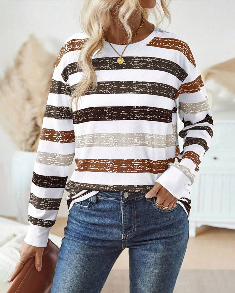 Crew Neck Long Sleeve Striped Casual Top