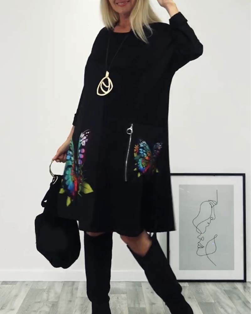 Butterfly print pocket long sleeve dress