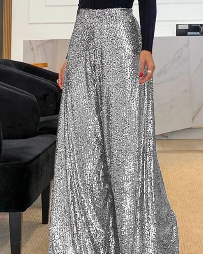 High-waist sequined wide-leg pants