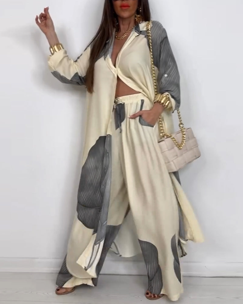 Lapel Button Colorblock Striped Straight Pants Suit