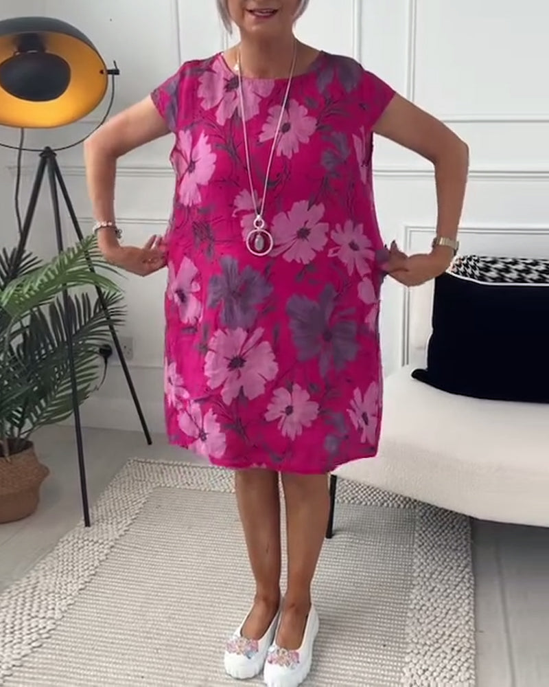 Casual floral print short-sleeve pockets loose dress