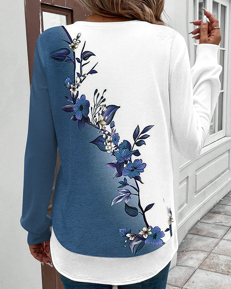 Crew Neck Colorblock Floral Print Top