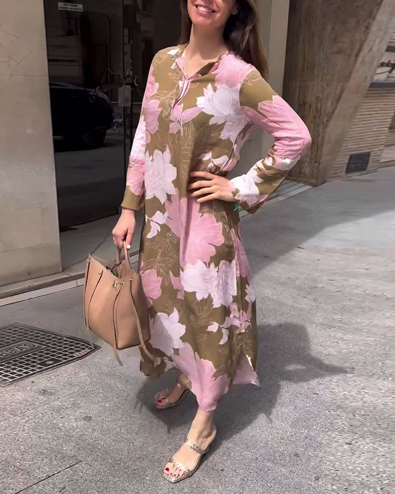Casual floral print long sleeve slit maxi dress