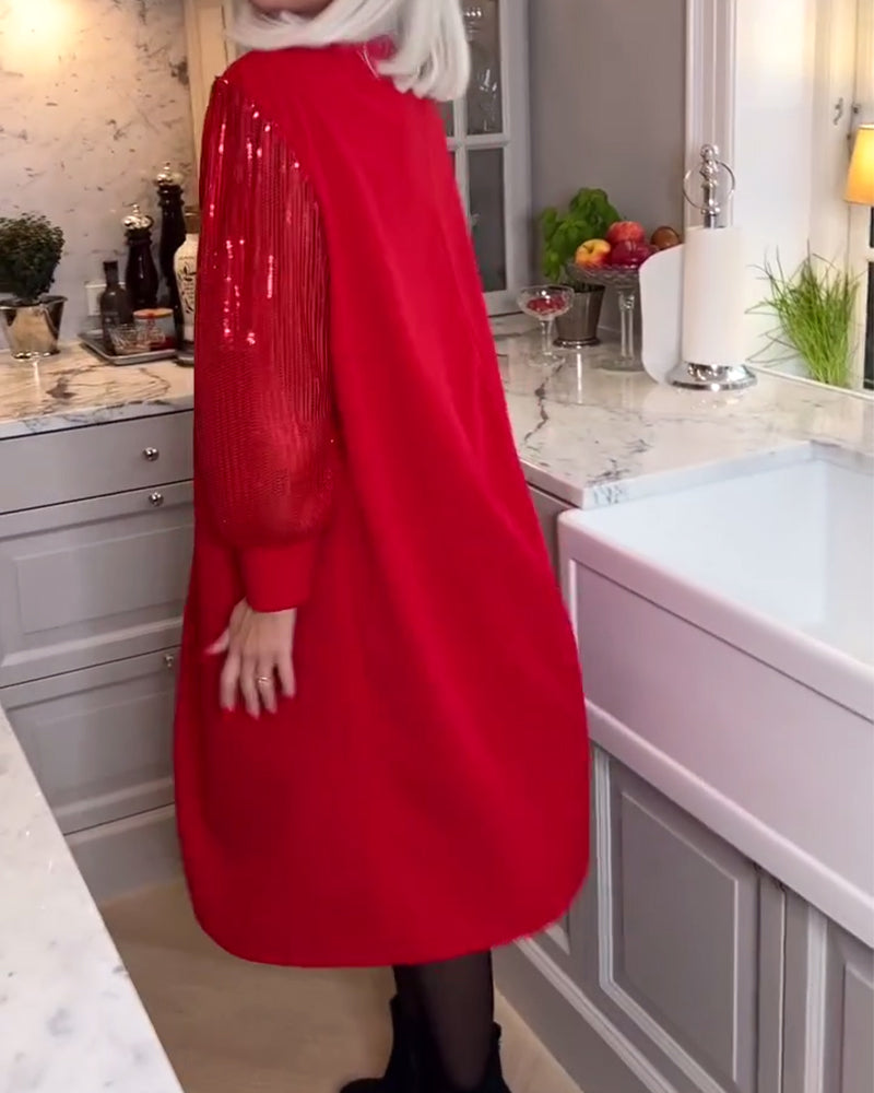 Fashionable solid color sequin patchwork long-sleeve dress
