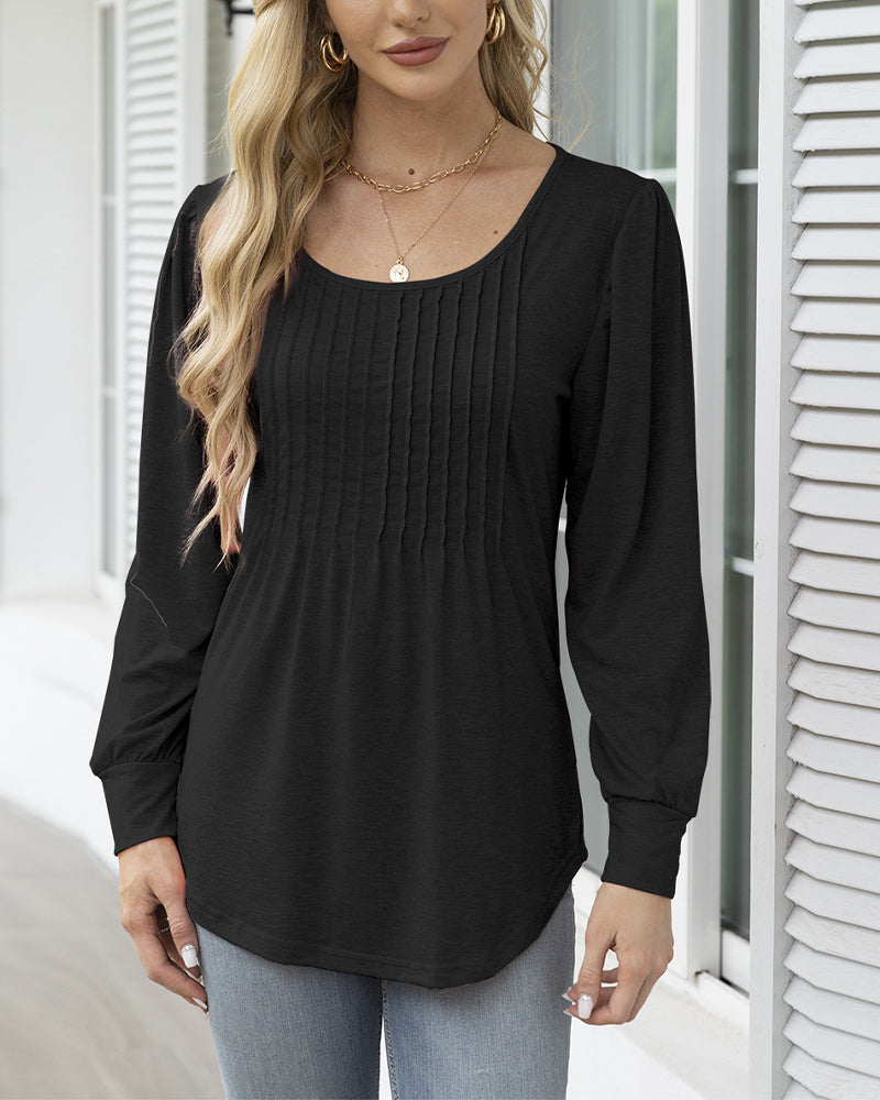 Casual solid color round neck pleated top