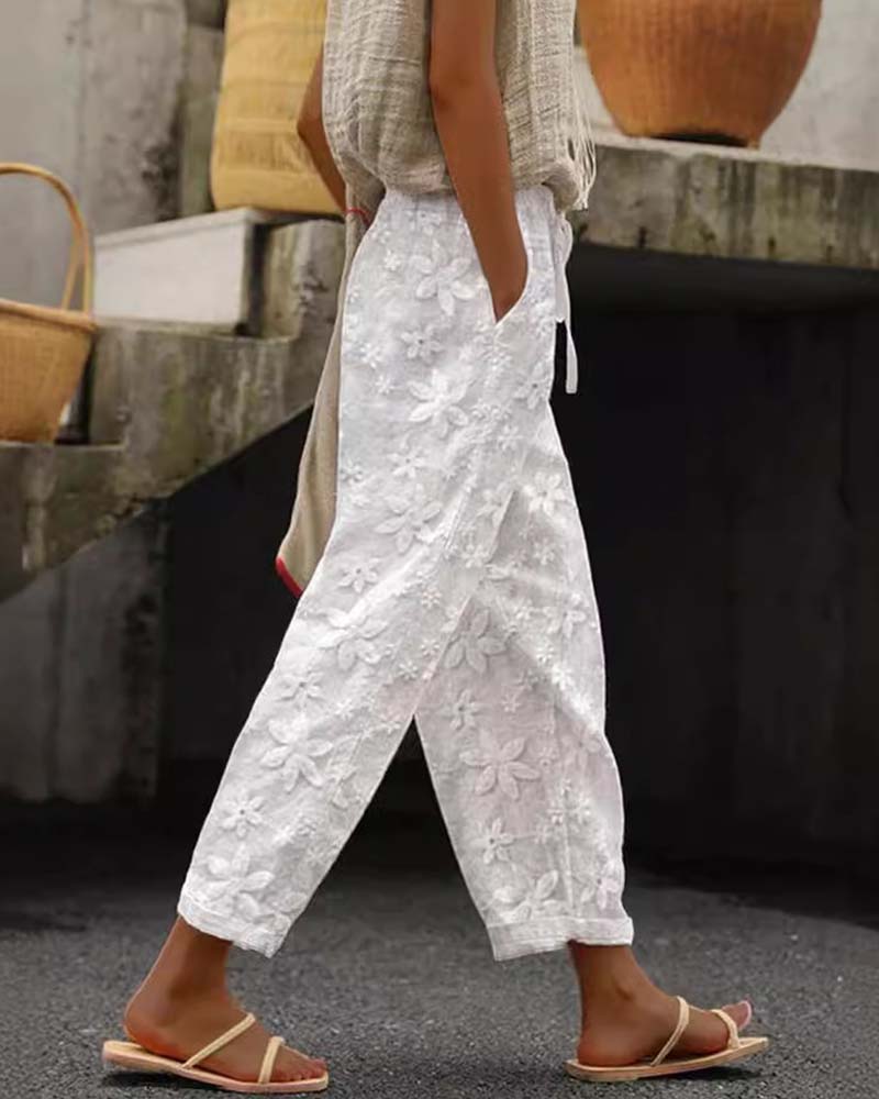 Floral embroidered lace-up solid color casual pants