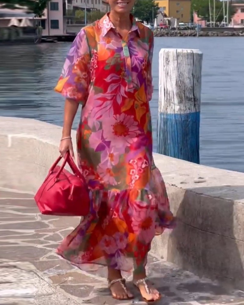 Colorful Printed Lantern Sleeve Loose Dress
