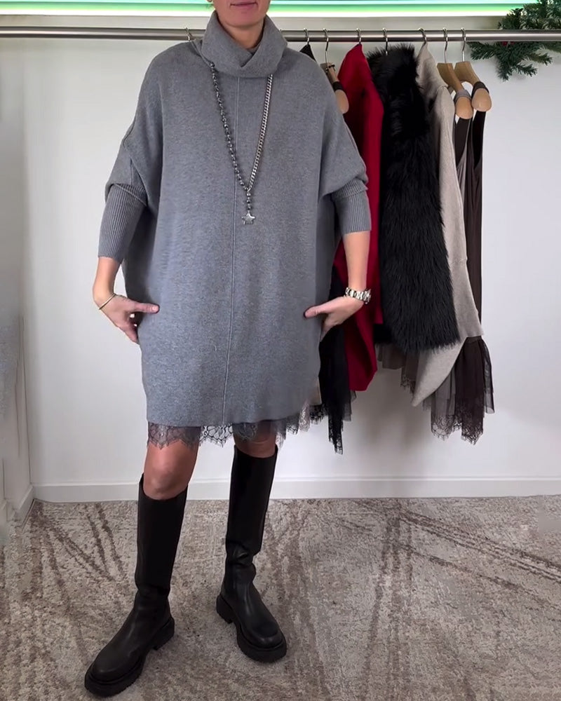 High Collar Bat Sleeve Suspenders Lace Mesh Dress Suit