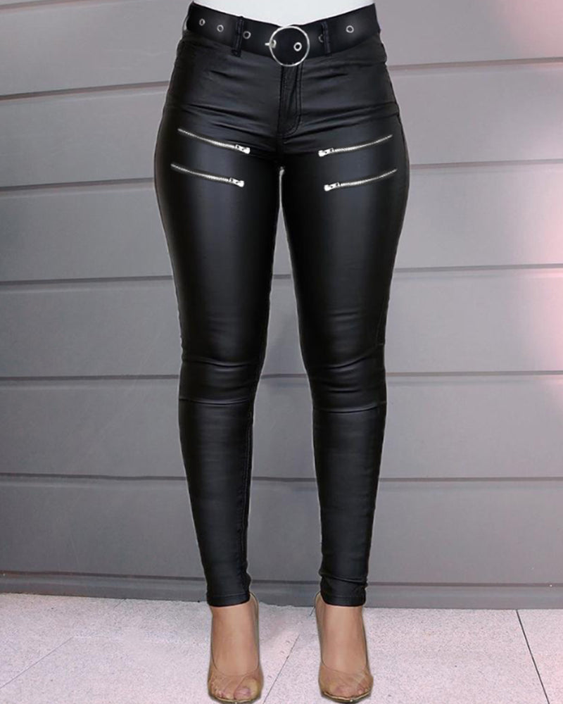 High Waist PU Zipper Pants