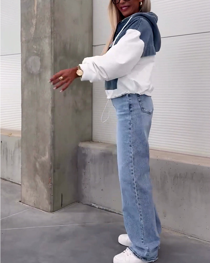 Casual denim patchwork zipper hoodie