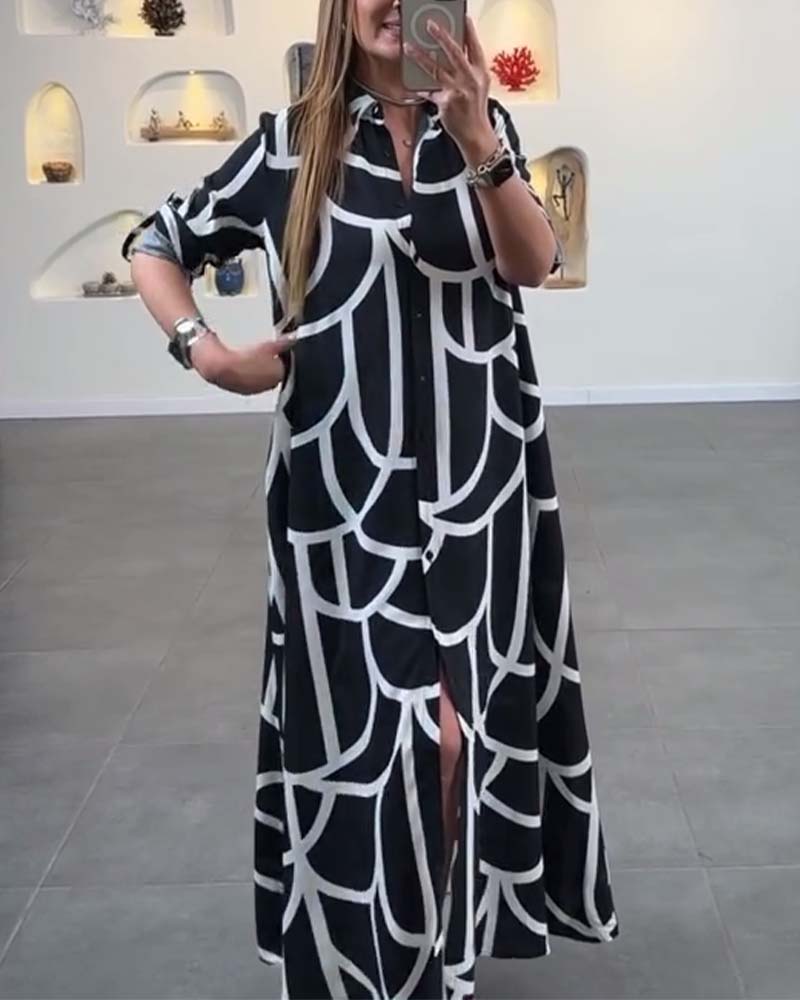 Contrast printed lapel long slit dress