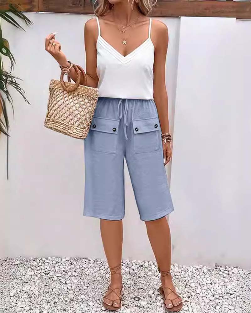Casual solid color pocket half length trousers