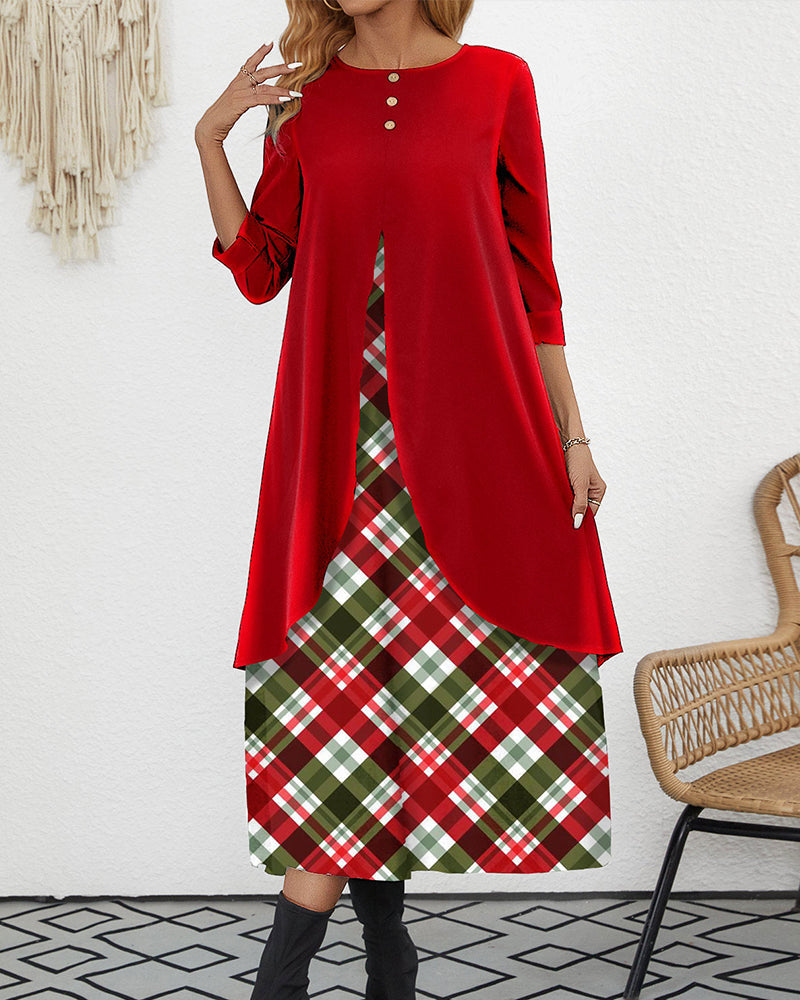 Red fake 2in1 plaid a line velvet dress