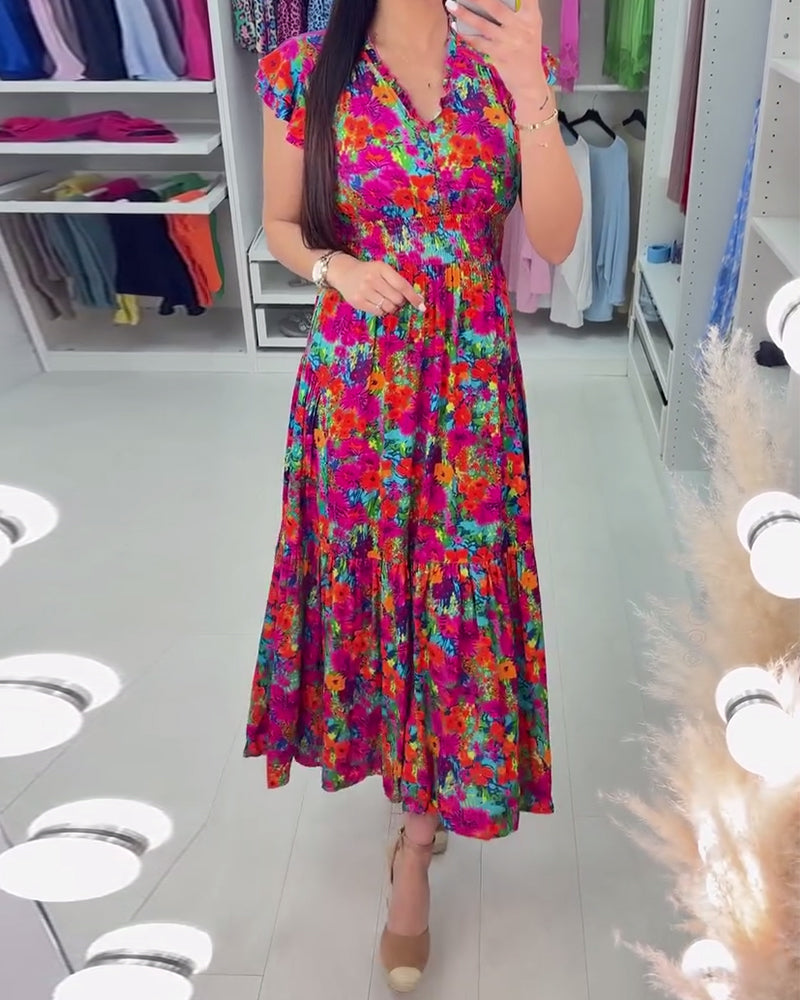 Colorful floral print V-neck elegant dress