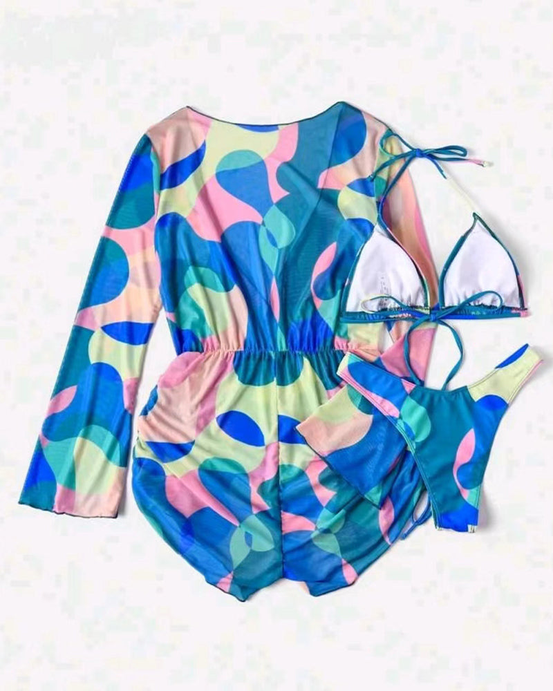 Cover Up Printed Bikini Three-Piece Swimsuit