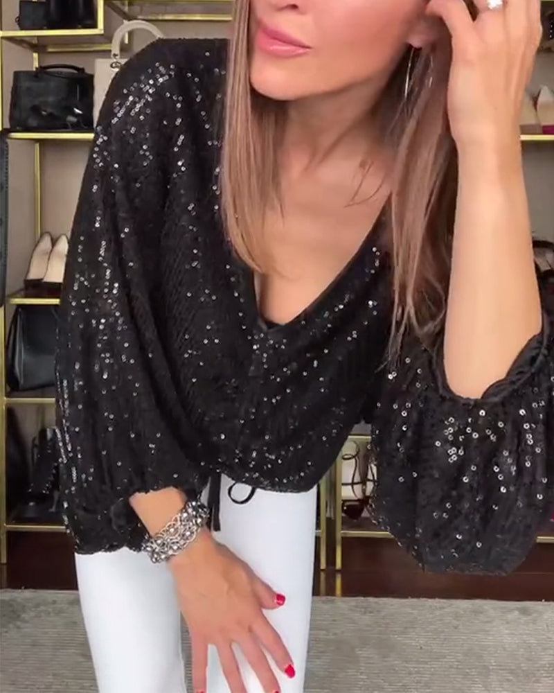 V-Neck Lantern Sleeve Sequined Shirt