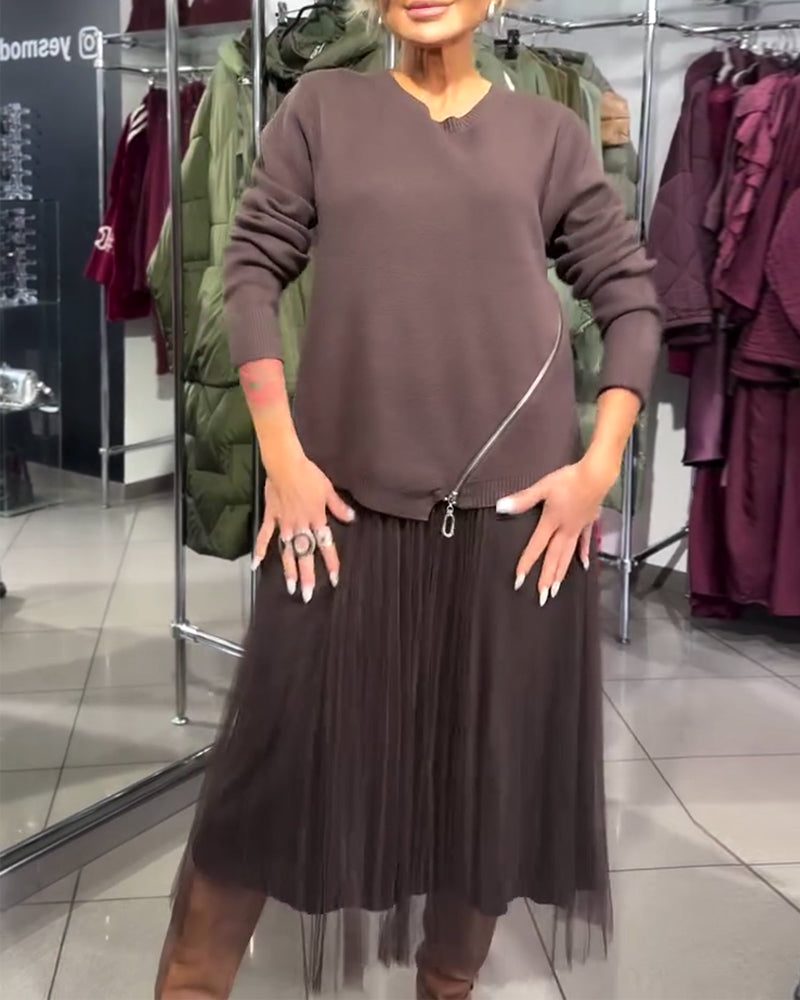 Zippered Stylish Crew Neck Sweater Set