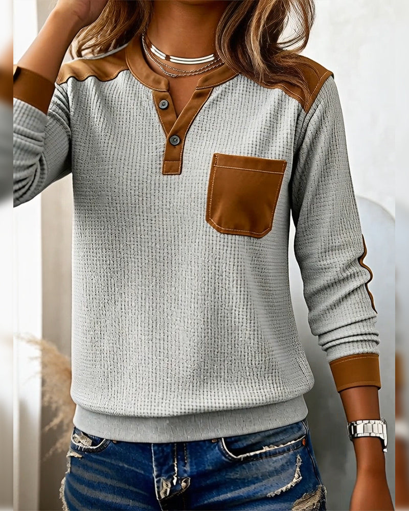 Contrast Color Open Button Pockets Sweatshirt