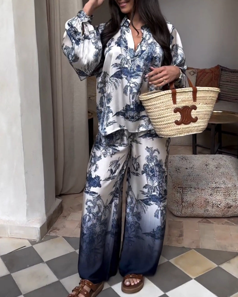 Plant gradient print lantern sleeve two-piece suit