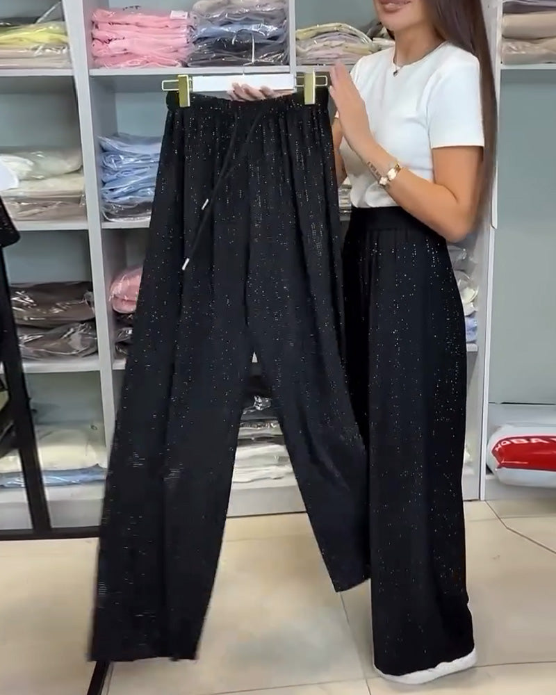Stylish High-Waisted Shiny Wide-Leg Pants