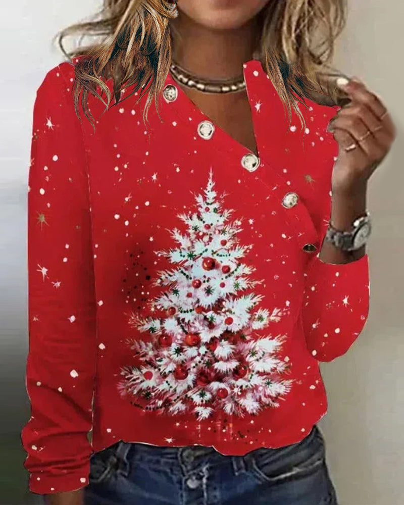 Side Shoulder Button Christmas Tree Print Top