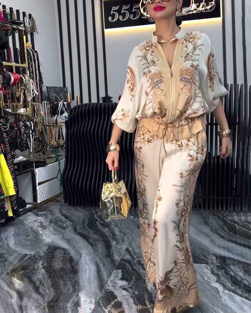 Temperament Stand Collar Zipper Wide Leg Suit