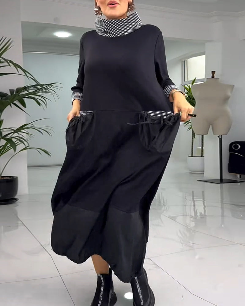 Casual plaid patchwork high collar pocket dress