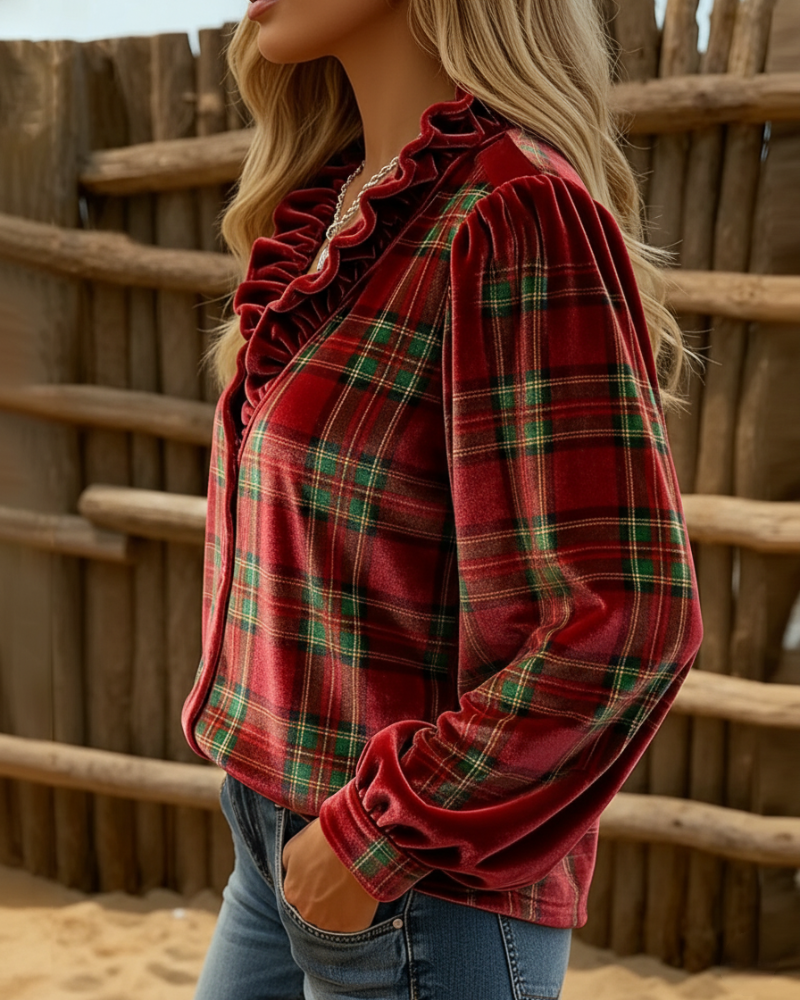 Ruffled V-Neck Velvet Top