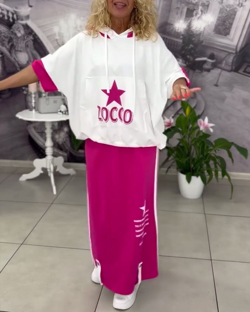 Hooded Drawstring Printed Skirt Set