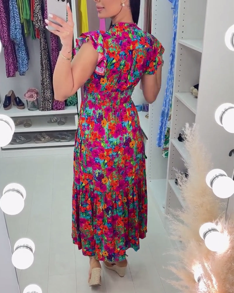 Colorful floral print V-neck elegant dress