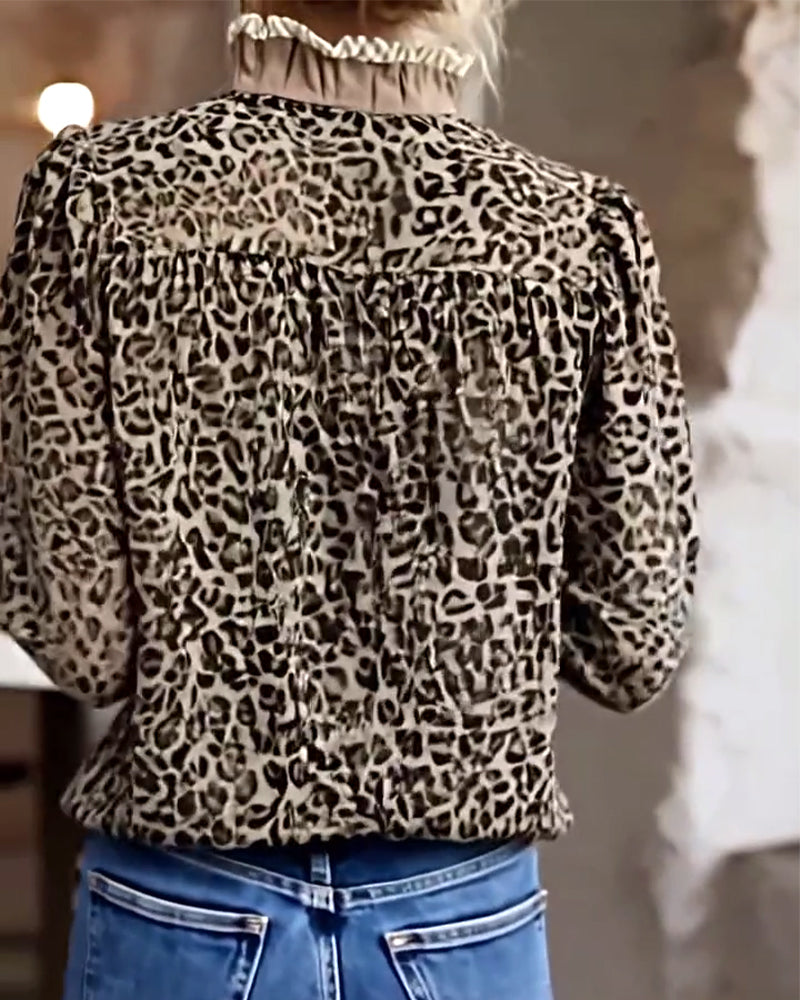 Casual Leopard Print Long-Sleeved Blouse