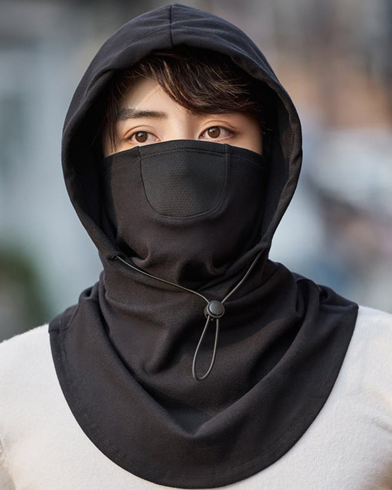 Hooded face mask with neck warmer for cycling